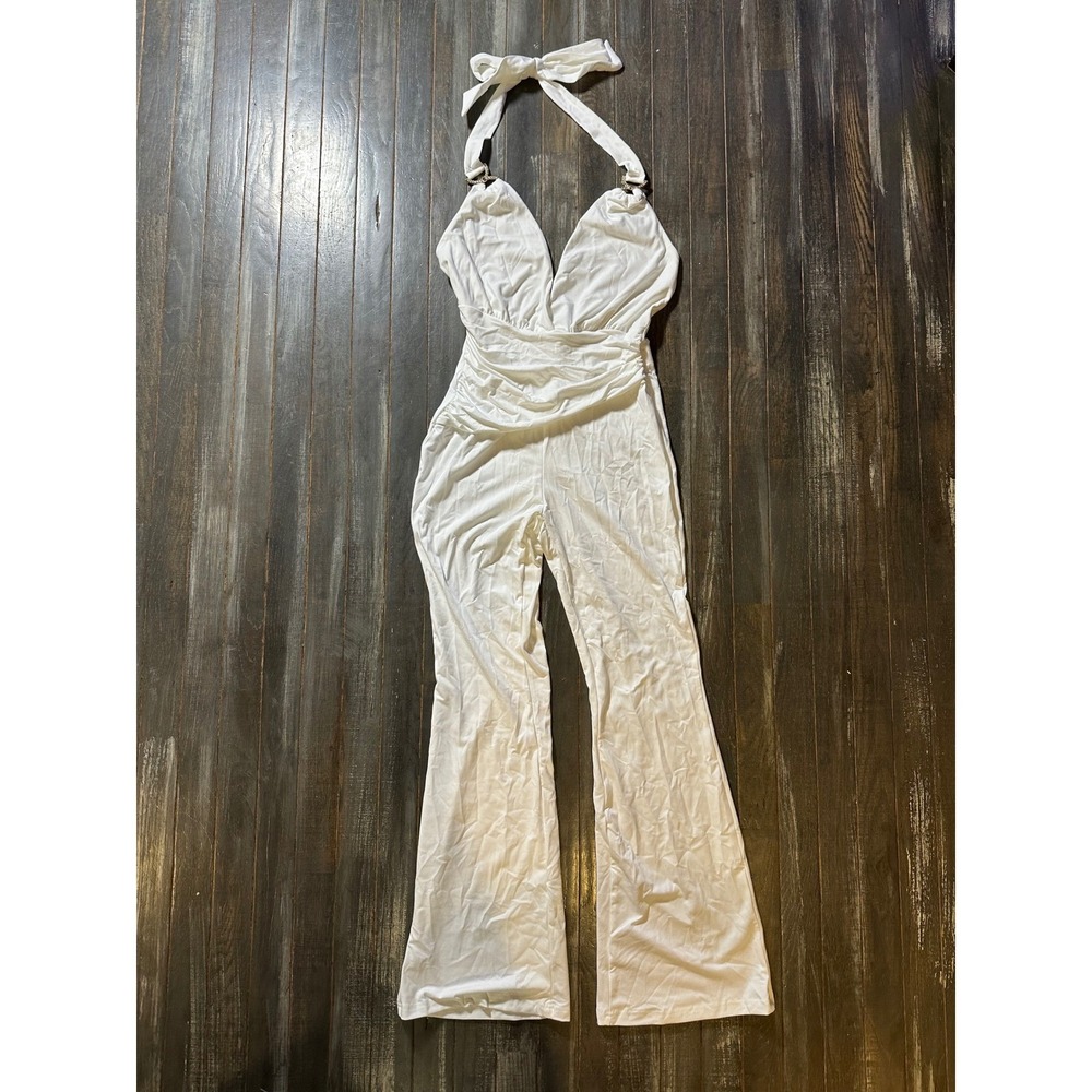 SHEIN White Halter V-Neck Ruched Flare Leg Jumpsuit with Gold Ring Detail